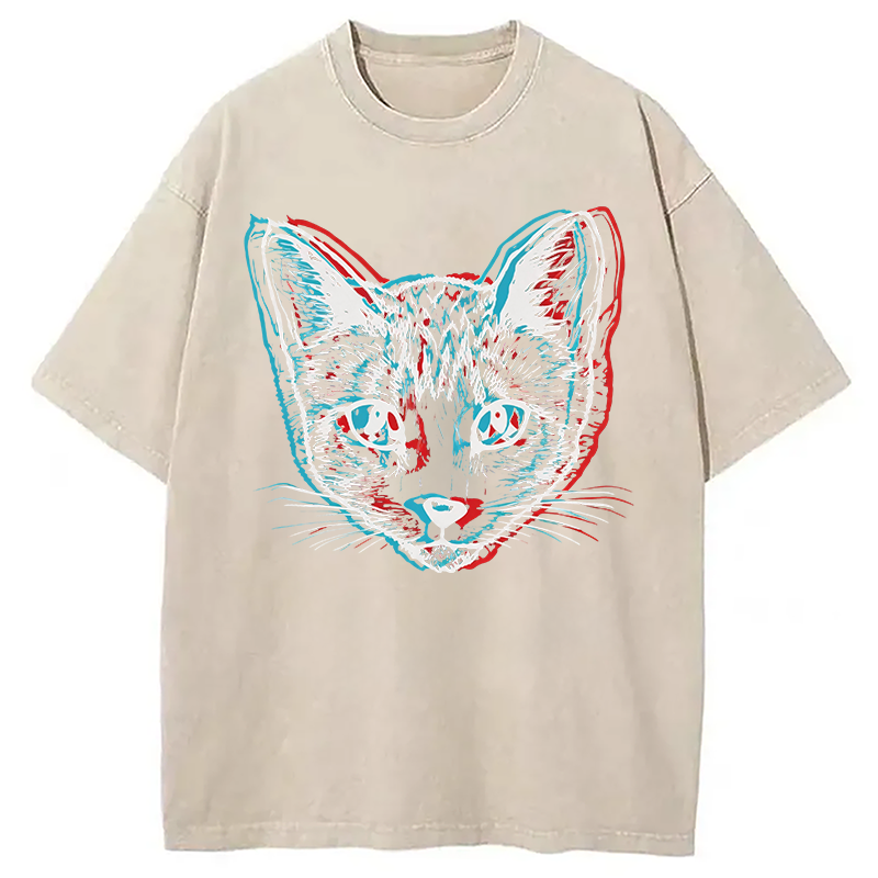 Modecanvas Psychedelic Weirdcore Cat DTG Printing Washed T-Shirt