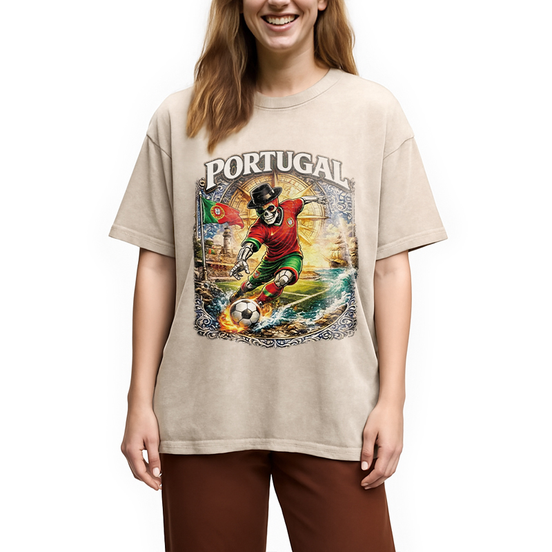 Modecanvas Portugal Soccer Skull DTG Printing Washed T-Shirt