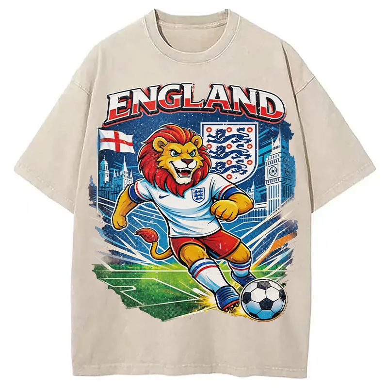 Modecanvas England Lion Soccer DTG Printing Washed T-Shirt