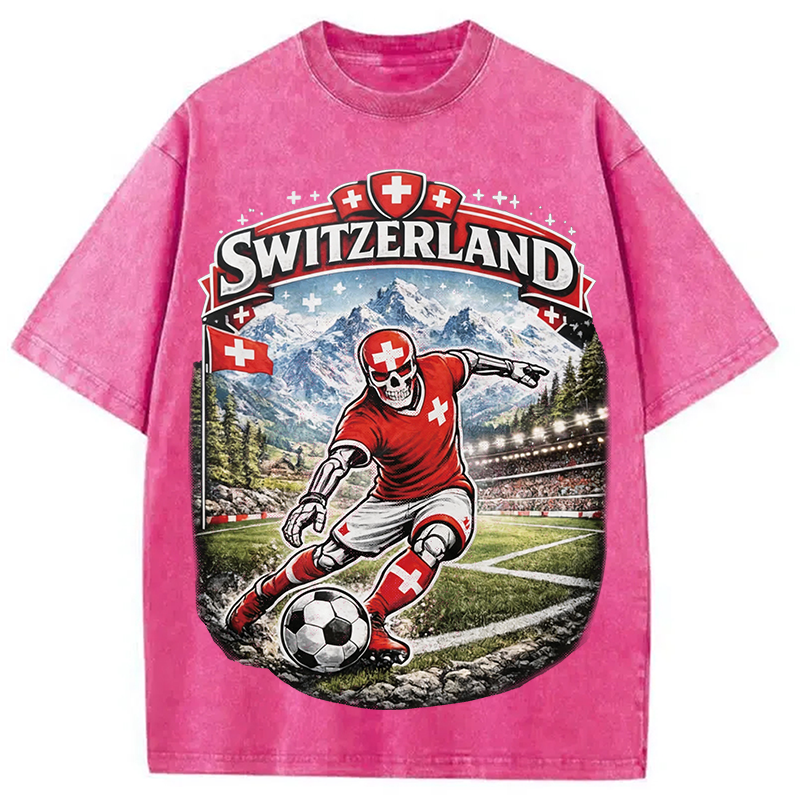Modecanvas Switzerland Soccer Skull DTG Printing Washed T-Shirt