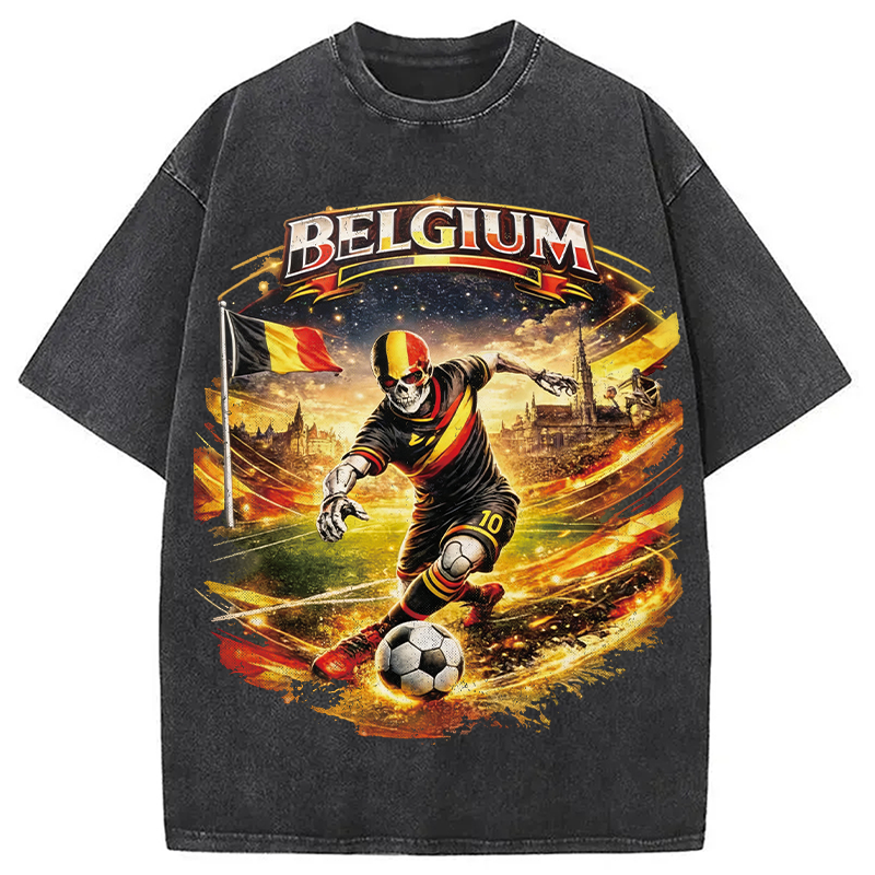 Modecanvas Belgium Soccer Skull DTG Printing Washed T-Shirt