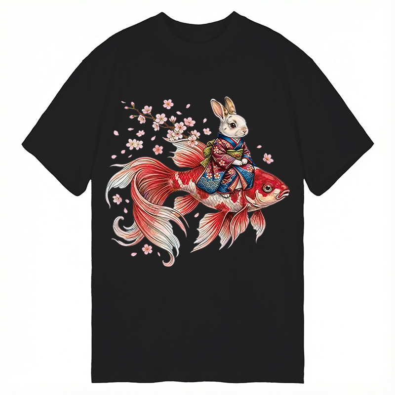Modecanvas Japanese Style Rabbit And Koi Fish DTG Printing Classic T-Shirt-modecanvas