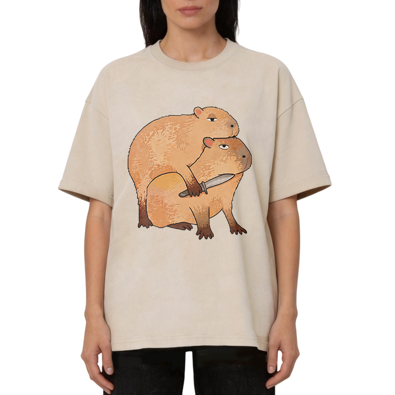 Modecanvas Capybara With Knife Funny DTG Printing Washed T-Shirt