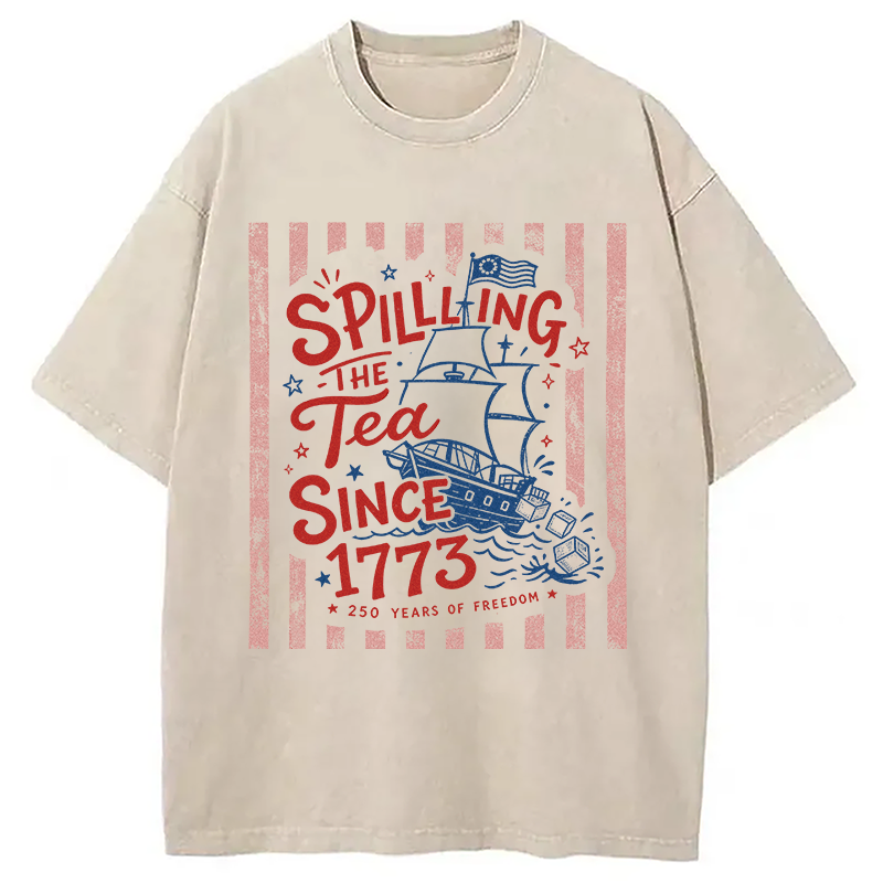 Modecanvas Striped Spilling The Tea Since 1773 DTG Printing Washed T-Shirt