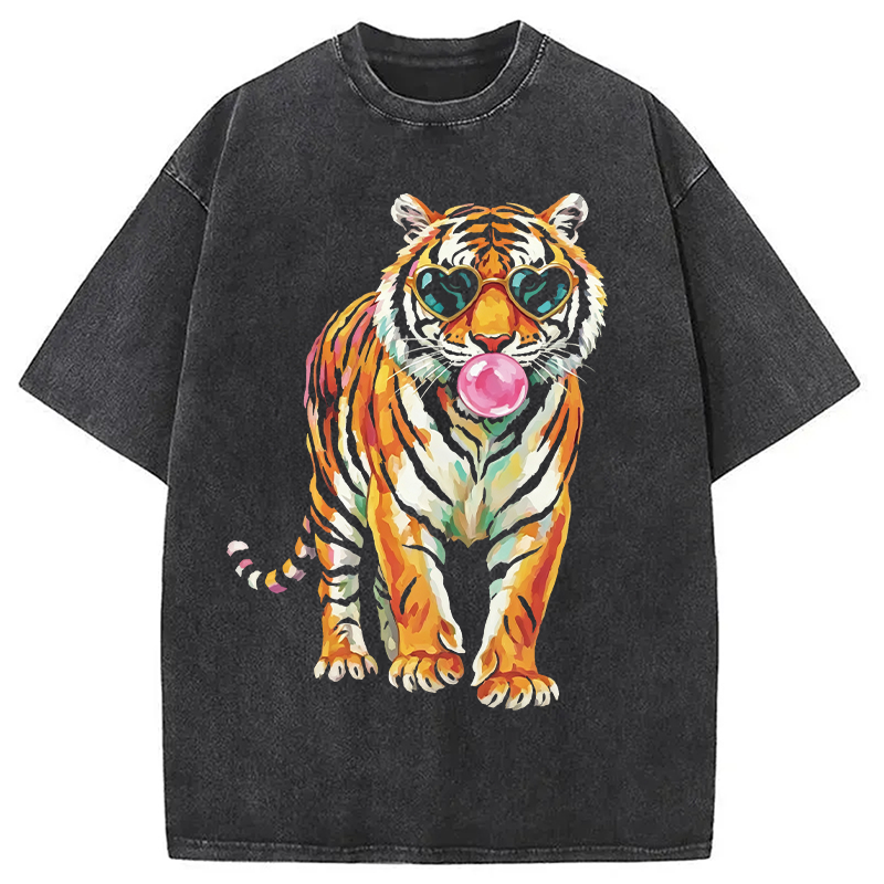 Modecanvas Tiger Cute Animal DTG Printing Washed T-Shirt