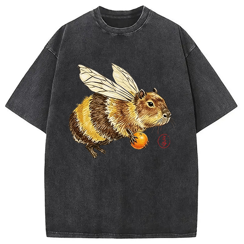 Modecanvas Funny Capybara Bee Meme DTG Printing Washed T-Shirt