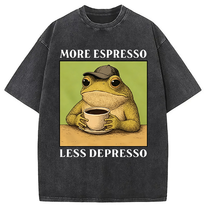 Modecanvas Frog Drinking Coffee Funny DTG Printing Washed T-Shirt