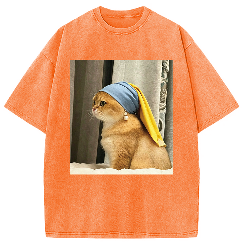 Modecanvas Cat with Pearl Earring Meme DTG Printing Washed T-Shirt