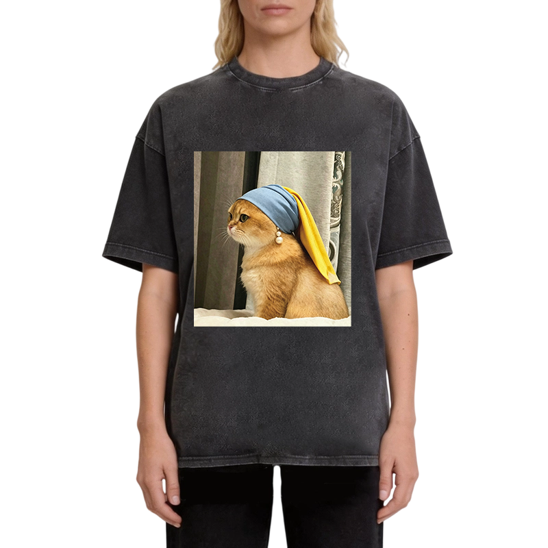 Modecanvas Cat with Pearl Earring Meme DTG Printing Washed T-Shirt