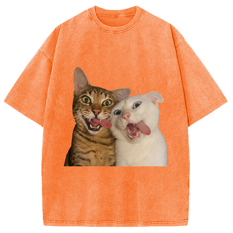 Modecanvas Funny Cat Tongue Out DTG Printing Washed T-Shirt