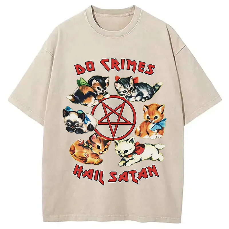 Modecanvas Cute Cats Do Crimes Hail Satan DTG Printing Washed T-Shirt