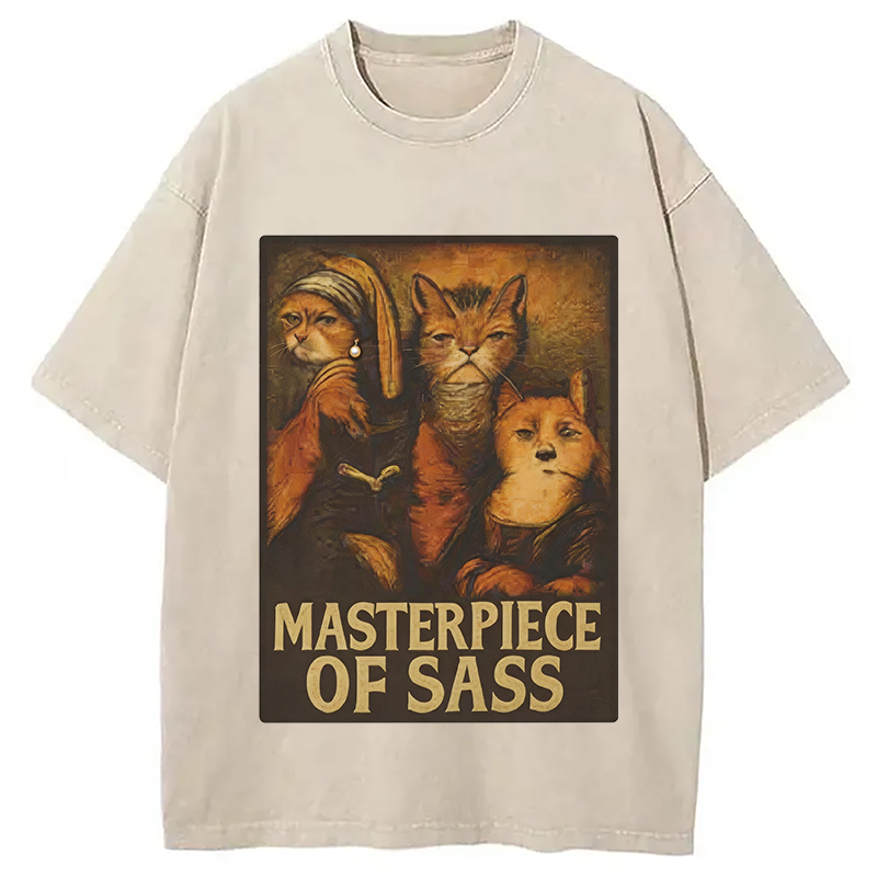 Modecanvas Funny Cat Parody DTG Printing Washed T-Shirt