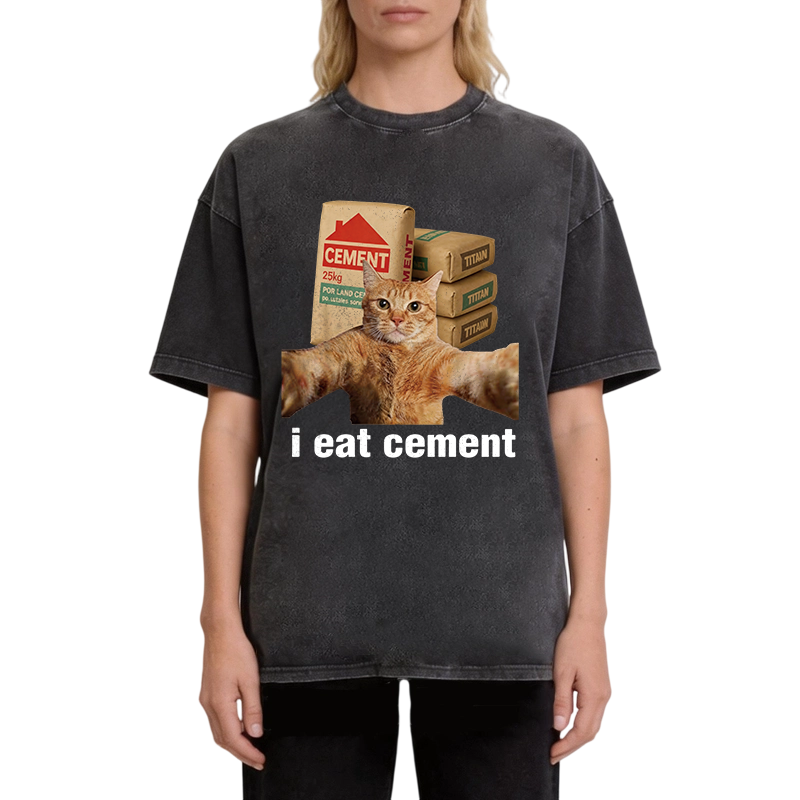 Modecanvas I EAT CEMENT Funny Cat Meme DTG Printing Washed T-Shirt