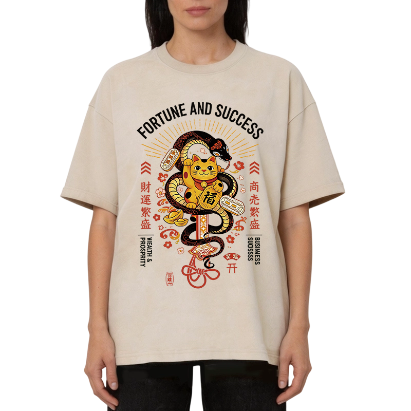 Modecanvas Fortune And Success Maneki Neko DTG Printing Washed T-Shirt