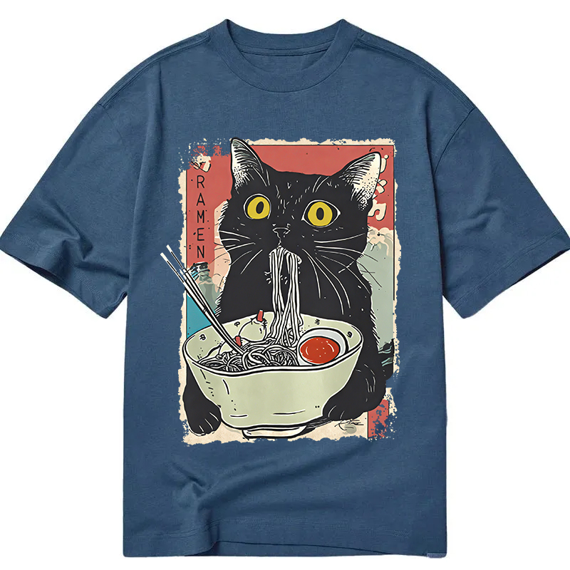 Modecanvas Cute Cat Eating Ramen DTG Printing Classic T-Shirt-modecanvas