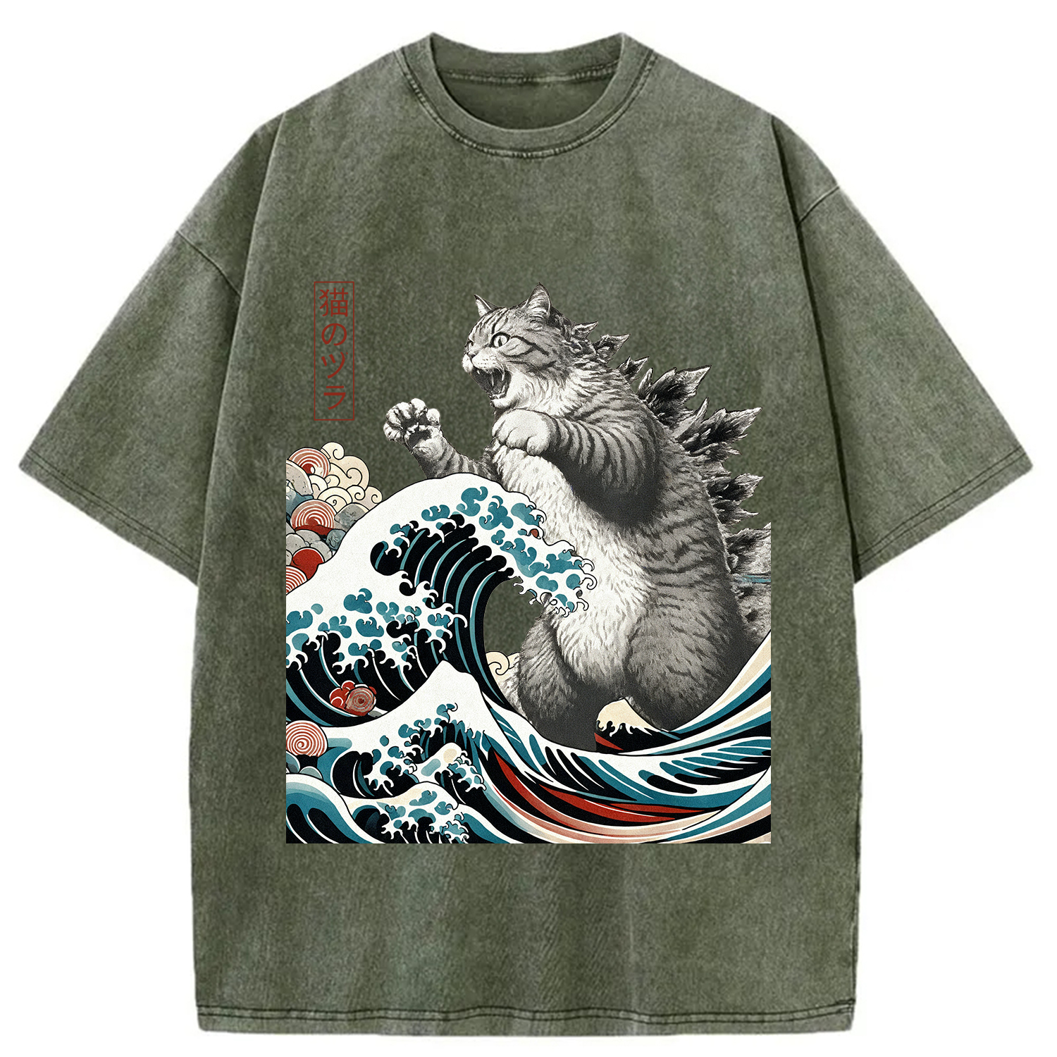 Modecanvas Cat Ukiyoe Great Wave Vintage Japanese Design Washed T-Shirt-modecanvas