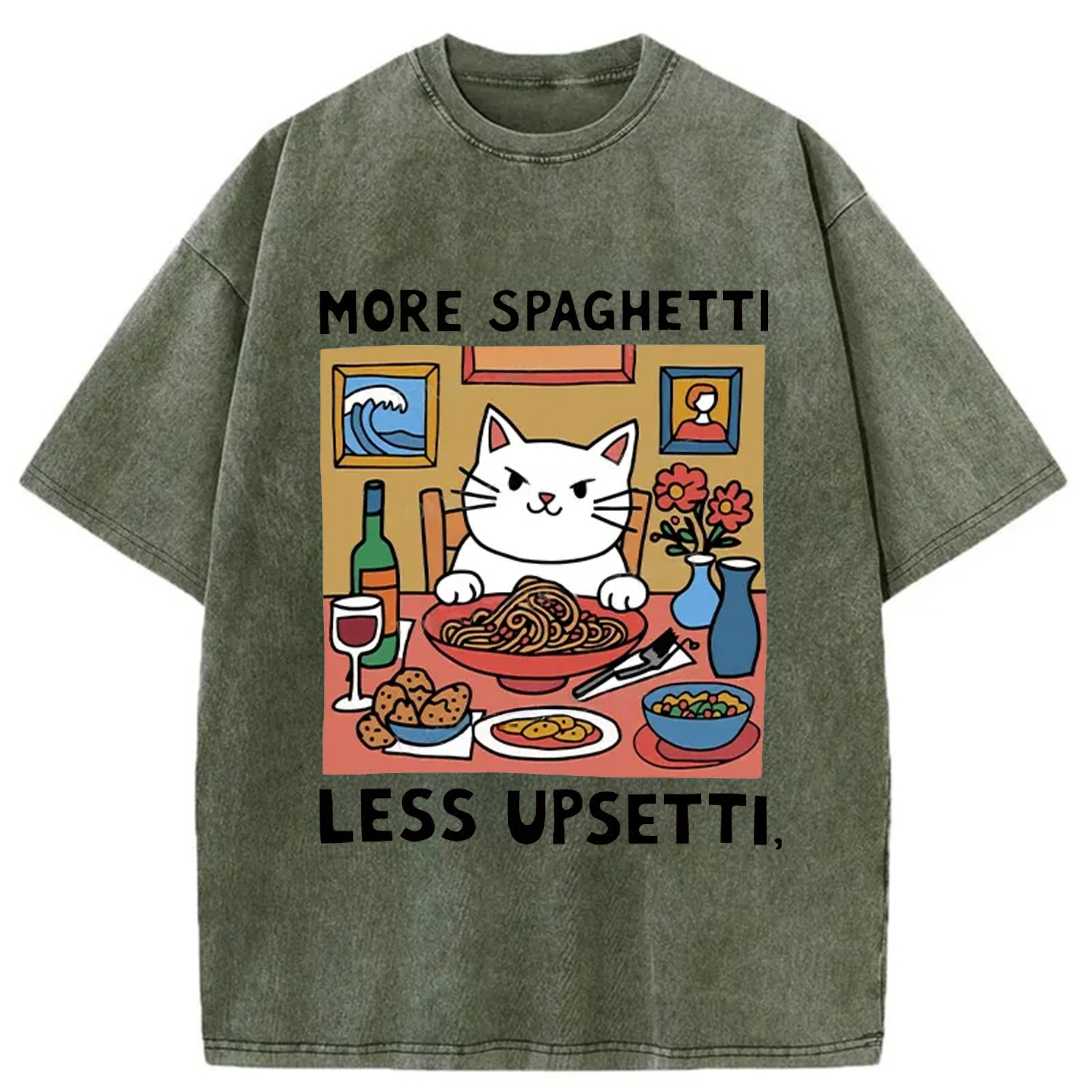 Modecanvas Cat Eating Spaghetti Washed T-Shirt