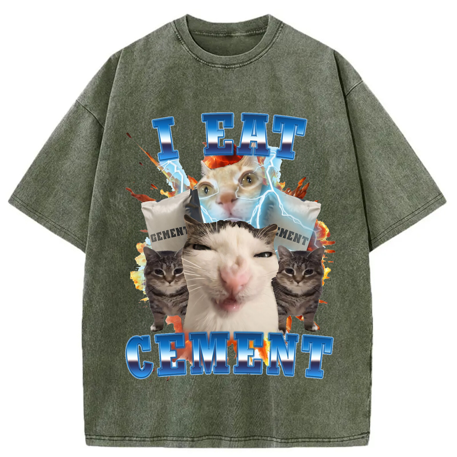 Modecanvas I Eat Cement Funny Cat Meme Washed T-Shirt-modecanvas