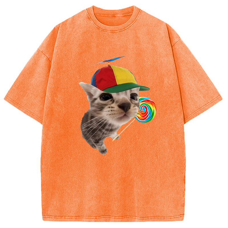 Modecanvas Cat With Lollipop And Hat Washed T-Shirt-modecanvas