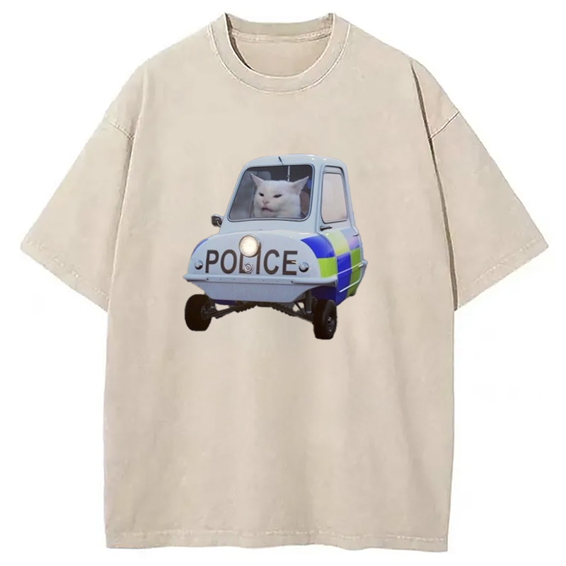 Modecanvas Police Cat Meme Washed T-Shirt
