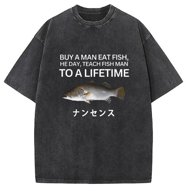 Modecanvas Buy a Man Eat Fish Washed T-Shirt-modecanvas