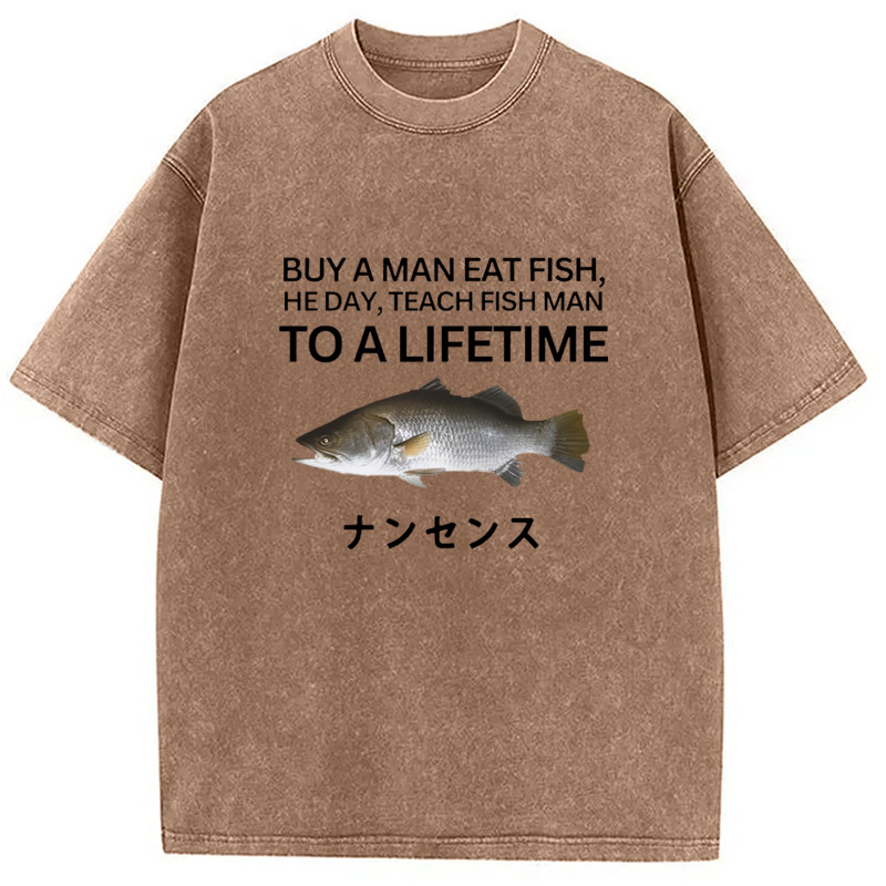 Modecanvas Buy a Man Eat Fish Washed T-Shirt-modecanvas