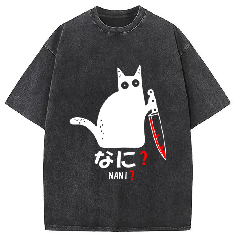 Modecanvas A Puzzled Cat Holding A Knife Washed T-Shirt-modecanvas