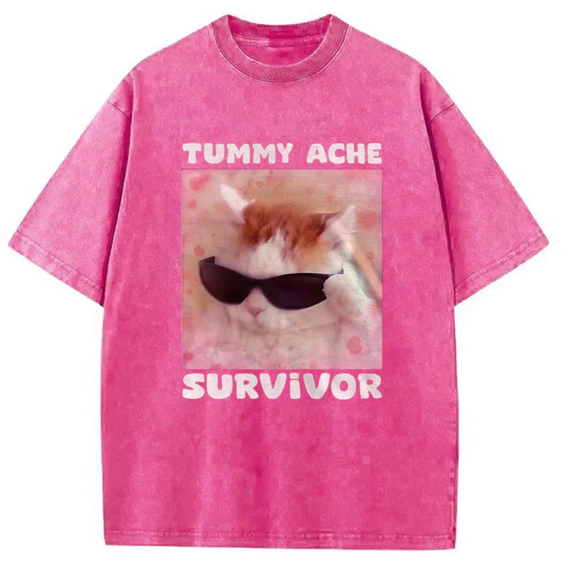 Modecanvas Tummy Ache Survivor Funny Cat Meme Washed T-Shirt-modecanvas