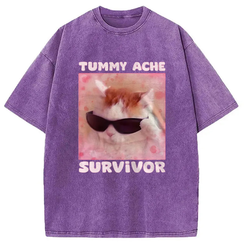 Modecanvas Tummy Ache Survivor Funny Cat Meme Washed T-Shirt-modecanvas
