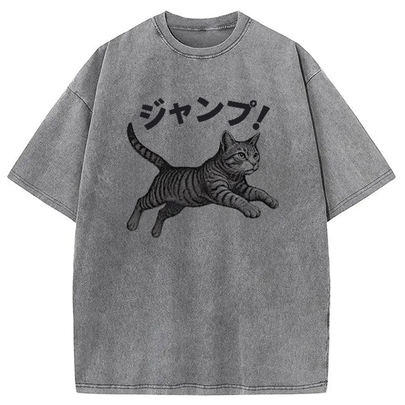 Modecanvas Jumping Tabby Funny Japanese Cat Washed T-Shirt