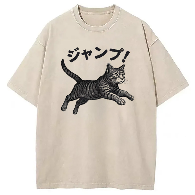 Modecanvas Jumping Tabby Funny Japanese Cat Washed T-Shirt