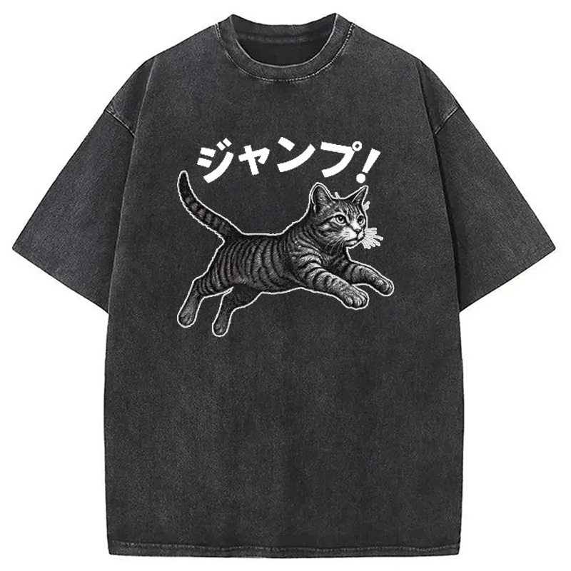 Modecanvas Jumping Tabby Funny Japanese Cat Washed T-Shirt
