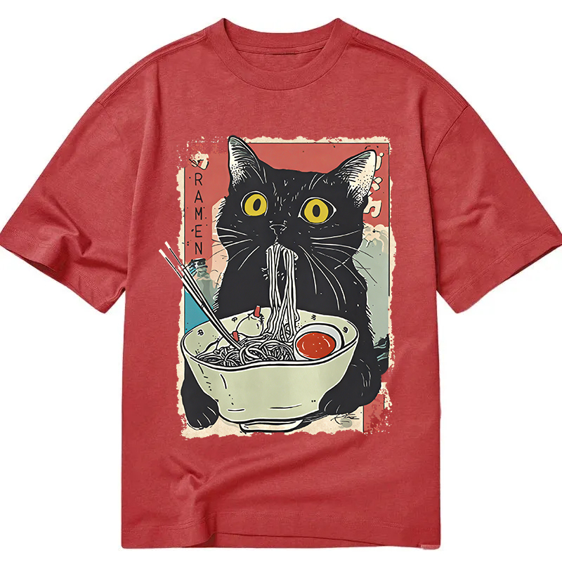 Modecanvas Cute Cat Eating Ramen DTG Printing Classic T-Shirt-modecanvas