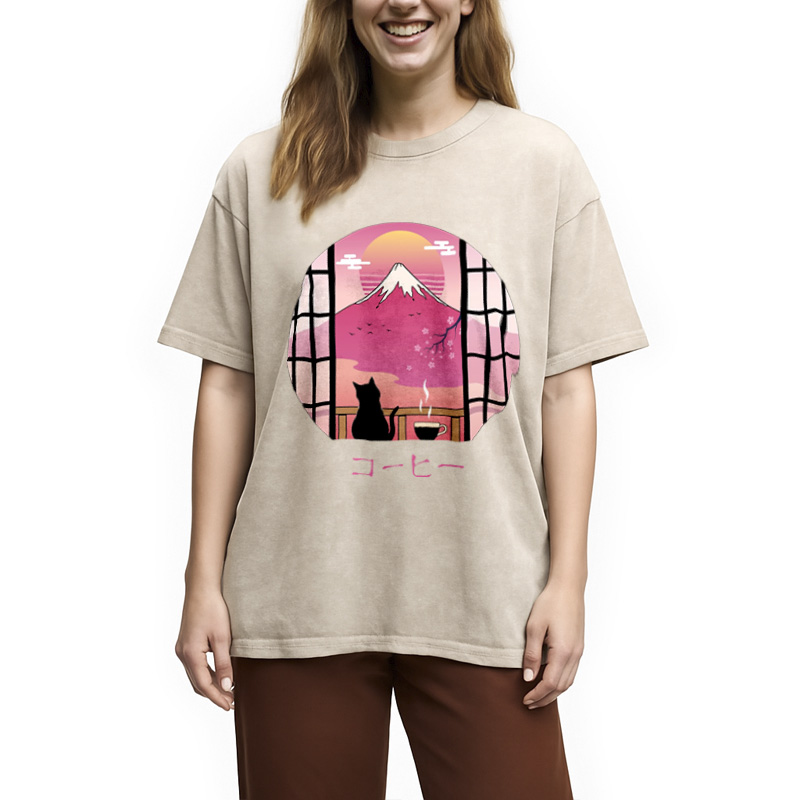 Modecanvas Mount Fuji Black Cat Tea Washed T-Shirt
