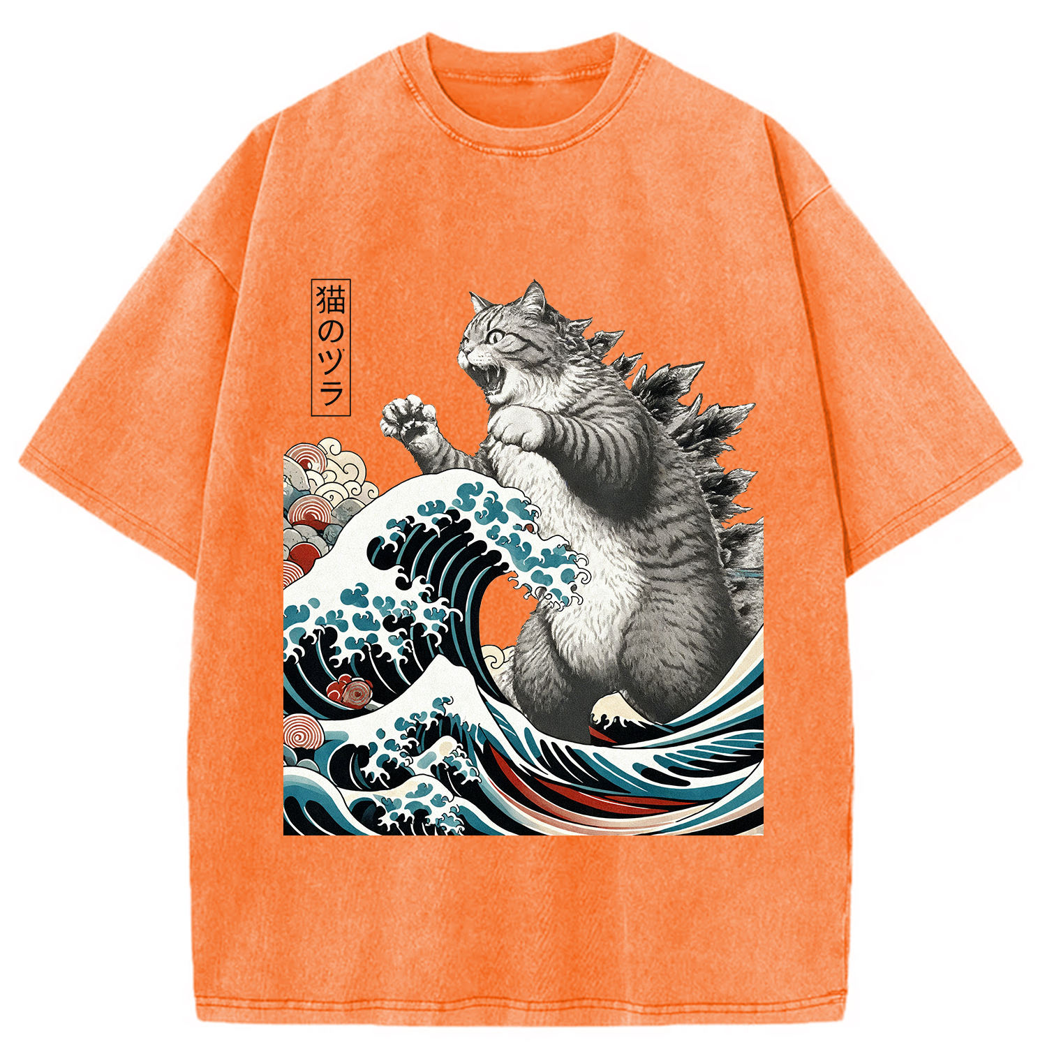 Modecanvas Cat Ukiyoe Great Wave Vintage Japanese Design Washed T-Shirt-modecanvas