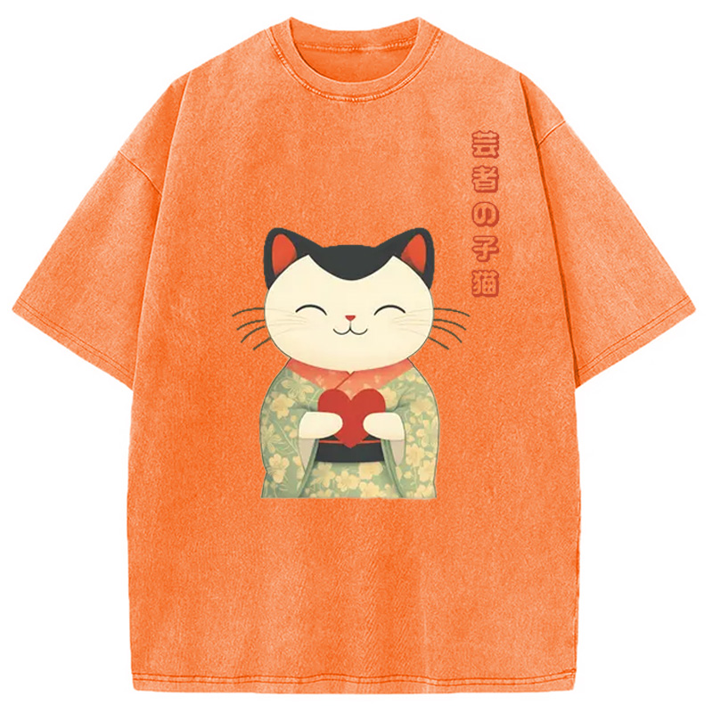 Modecanvas Japanese Maneki Geisha Kitty Washed T-Shirt