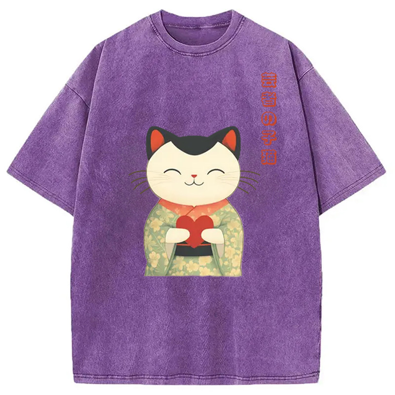 Modecanvas Japanese Maneki Geisha Kitty Washed T-Shirt