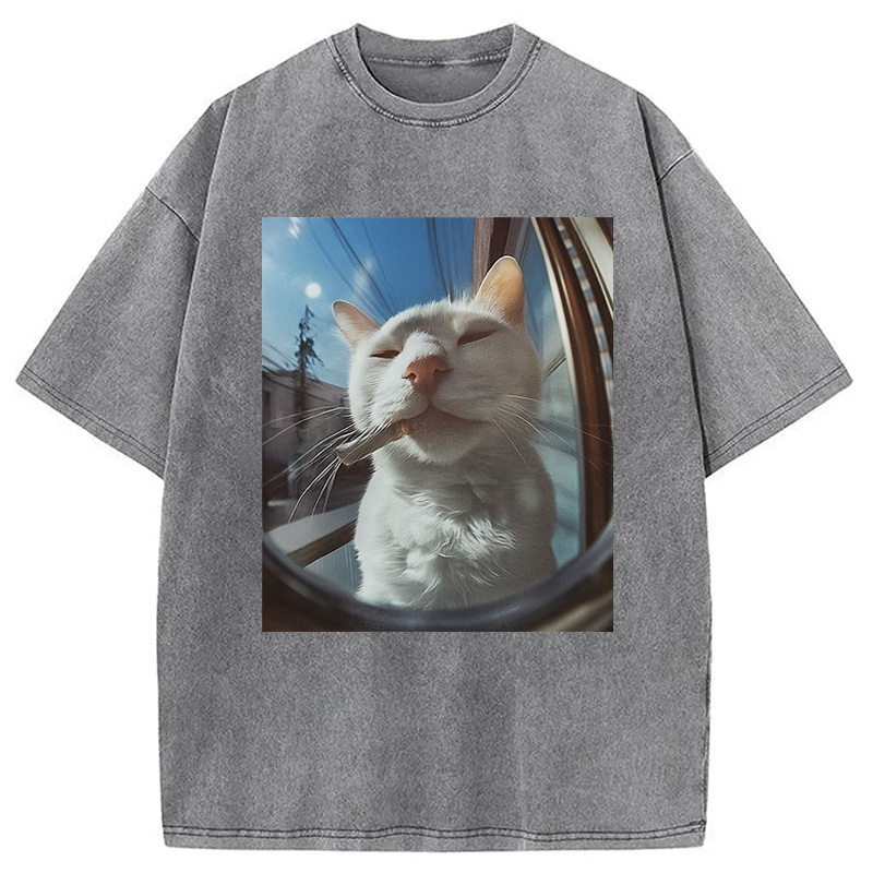 Modecanvas Smoking Cat Meme Washed T-Shirt