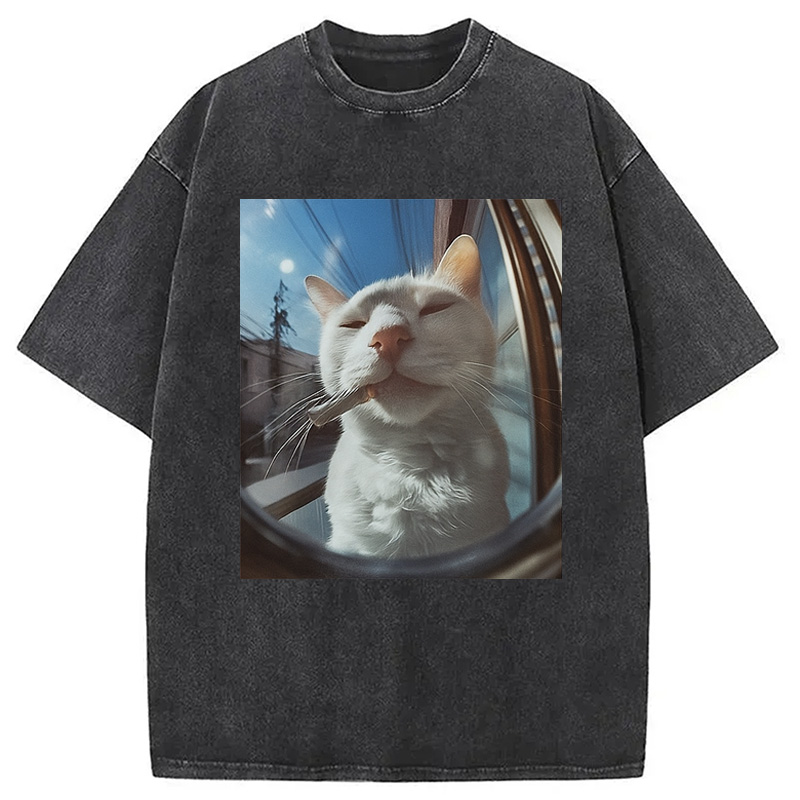 Modecanvas Smoking Cat Meme Washed T-Shirt