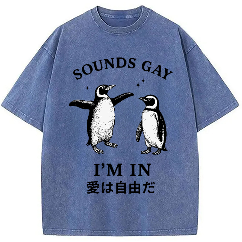 Modecanvas Loving And Free Penguins Washed T-Shirt