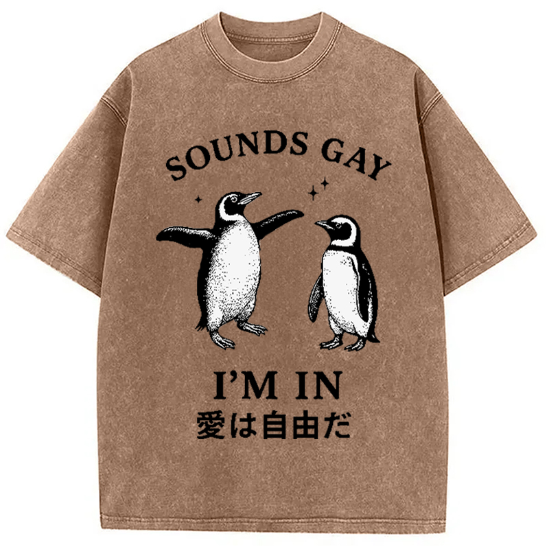Modecanvas Loving And Free Penguins Washed T-Shirt