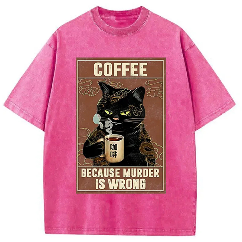 Modecanvas Cat Drinking Coffee Washed T-Shirt