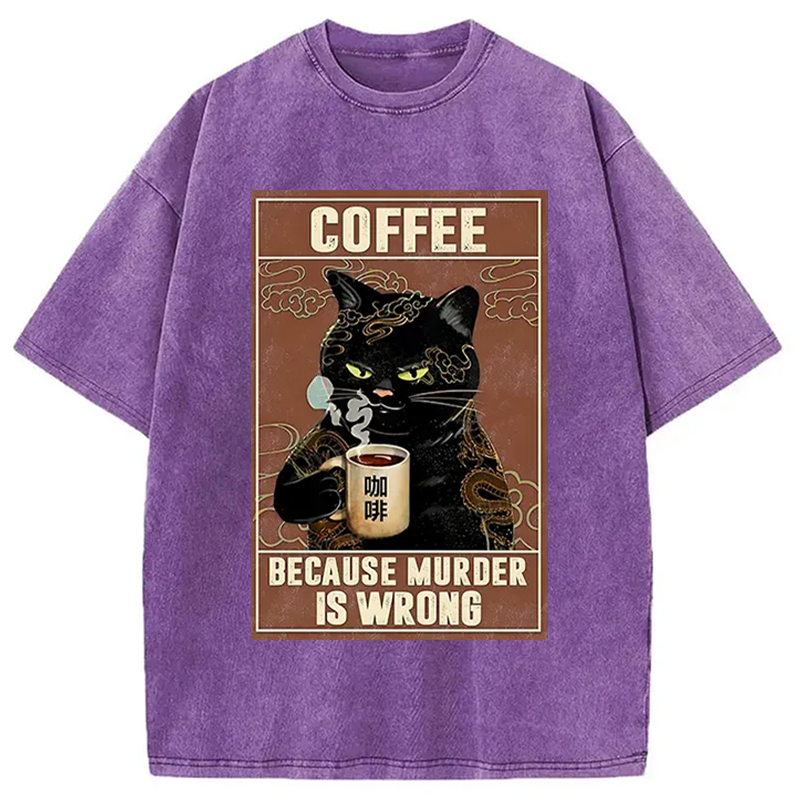 Modecanvas Cat Drinking Coffee Washed T-Shirt