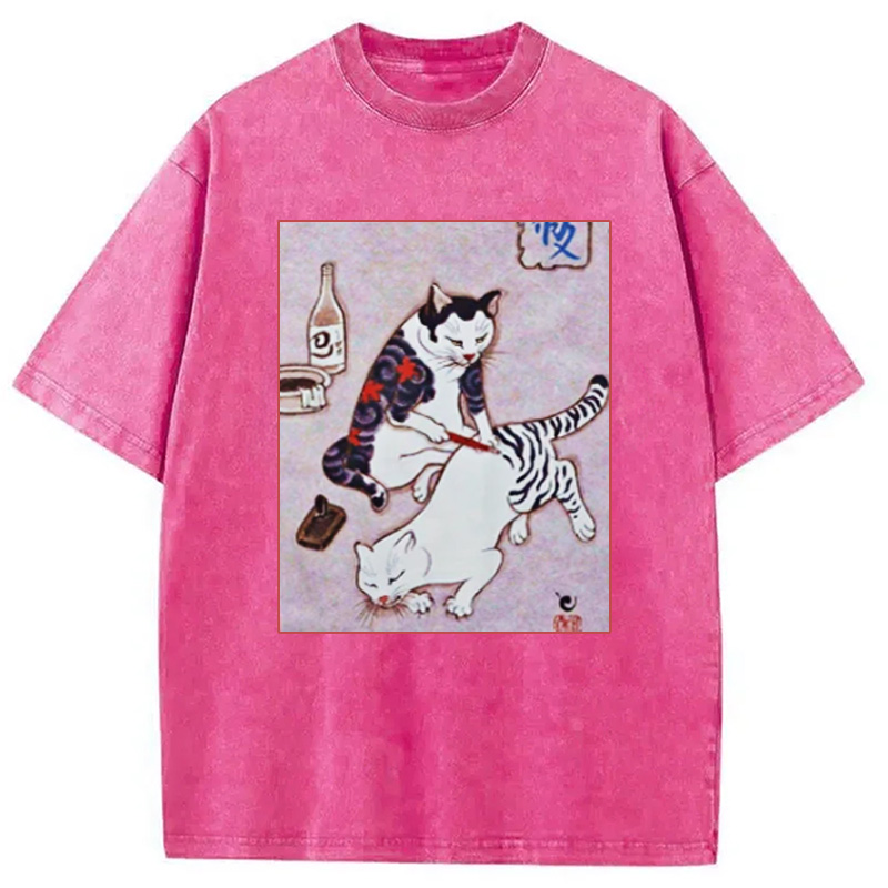 Modecanvas Japanese Tattoo Cat Washed T-Shirt