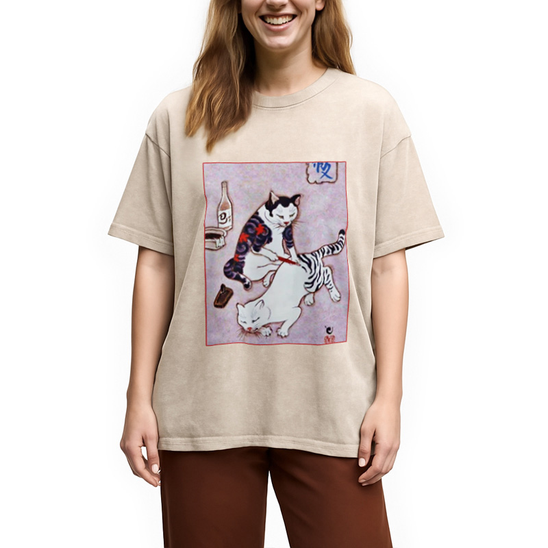 Modecanvas Japanese Tattoo Cat Washed T-Shirt