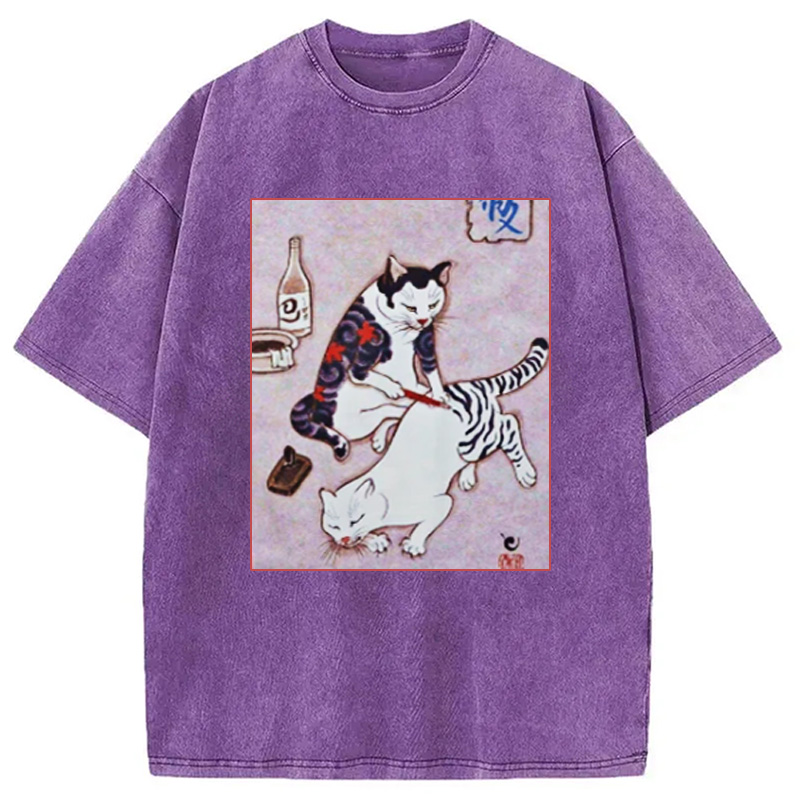 Modecanvas Japanese Tattoo Cat Washed T-Shirt