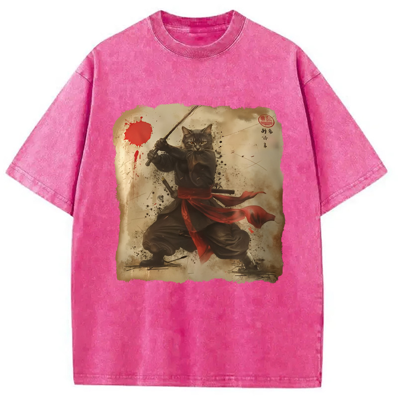 Modecanvas Vintage Samurai Cat Washed T-Shirt