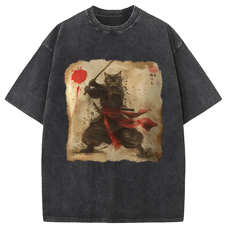 Modecanvas Vintage Samurai Cat Washed T-Shirt
