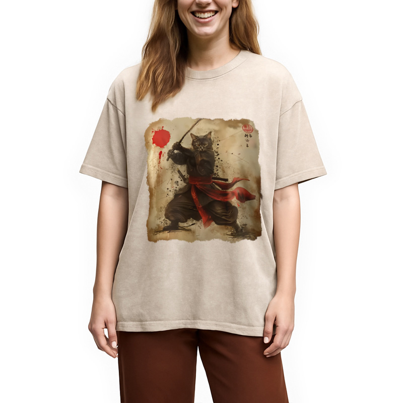 Modecanvas Vintage Samurai Cat Washed T-Shirt