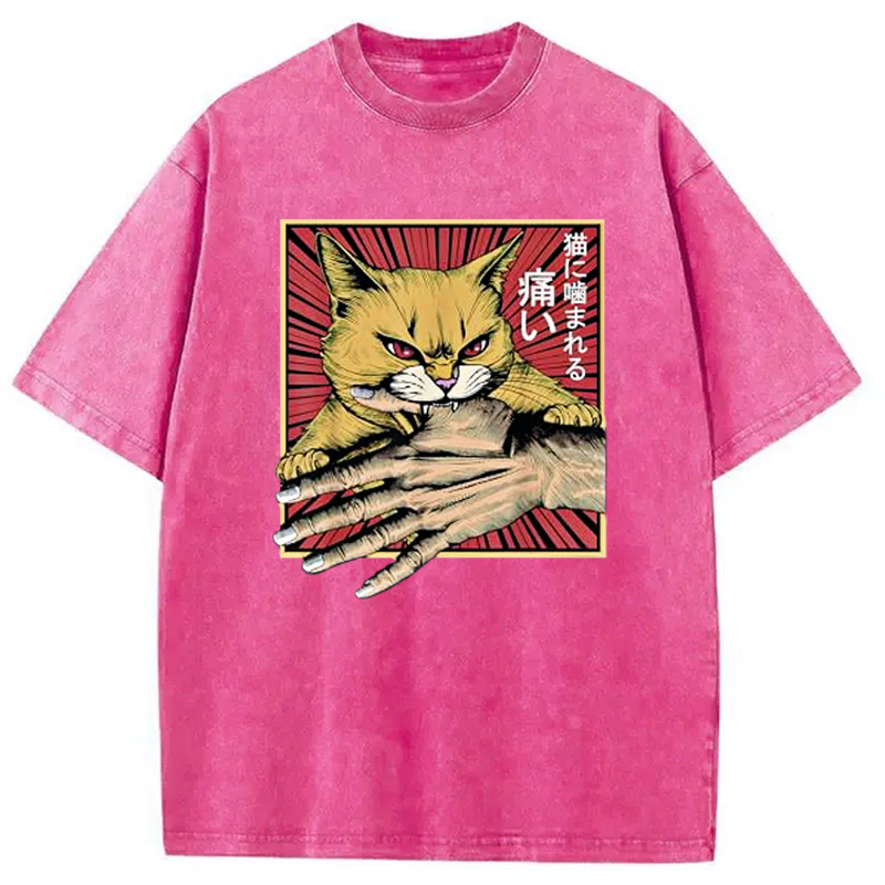 Modecanvas Anime Cat Bite Japanese Art Retro Washed T-Shirt